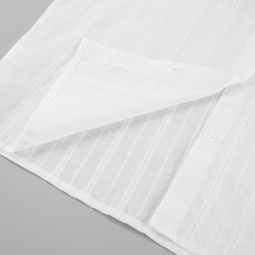 French Raglan Jacquard Trumpet Sleeve Lapel Tie Blouse