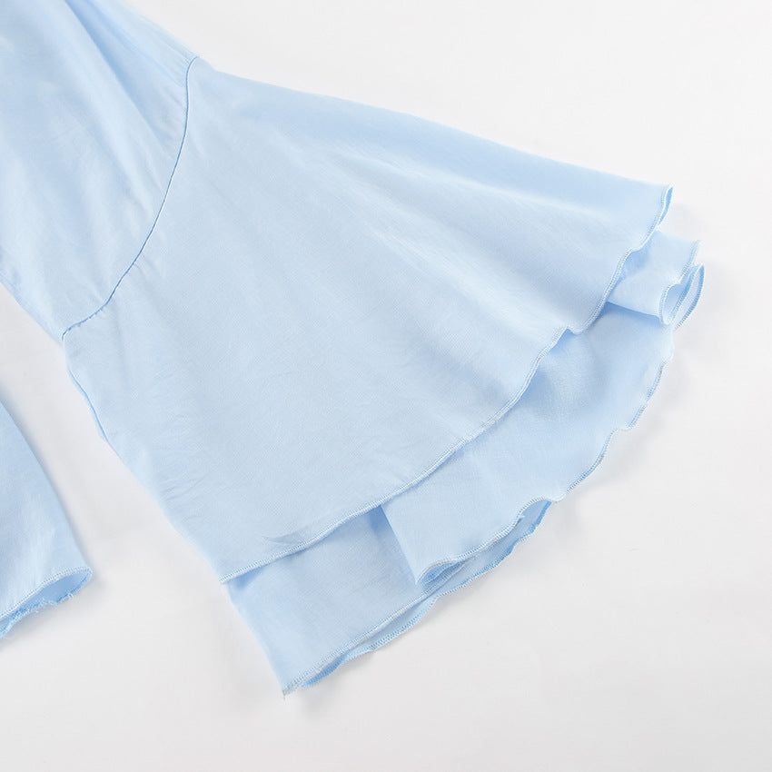 Blue high collar temperament trumpet sleeve ruffled ladies shirt