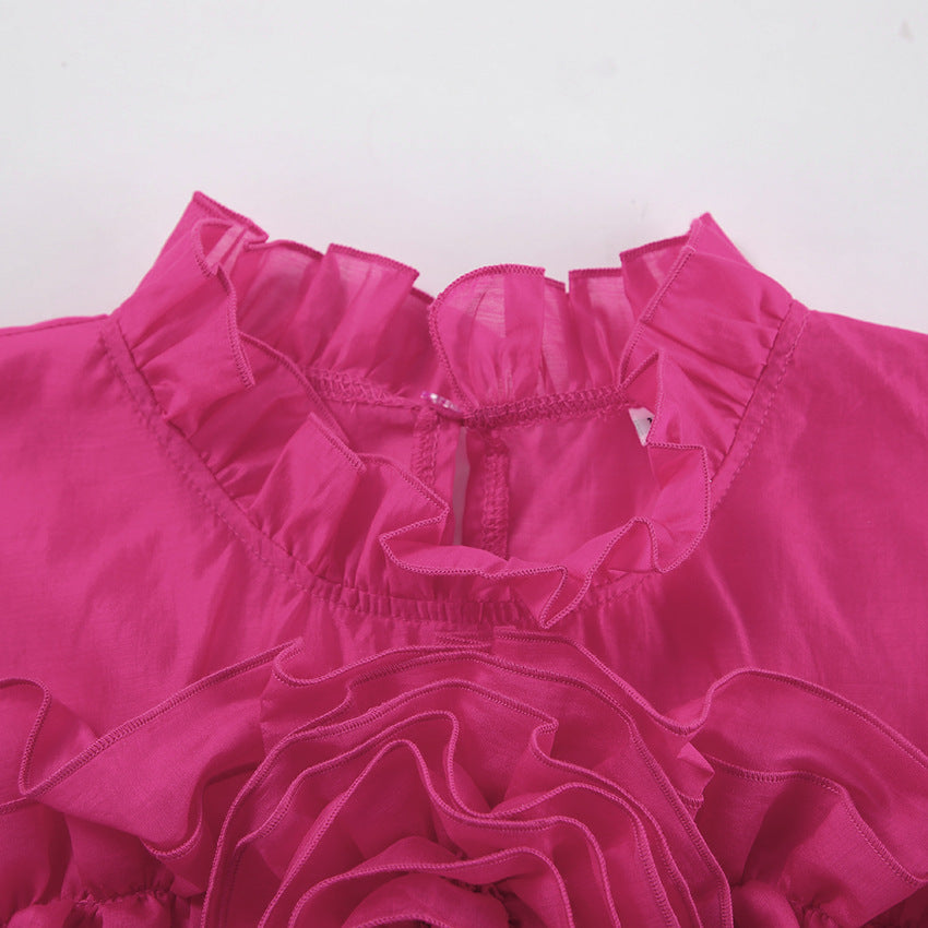 French style mesh small stand-up collar pullover layered ruffled shirt