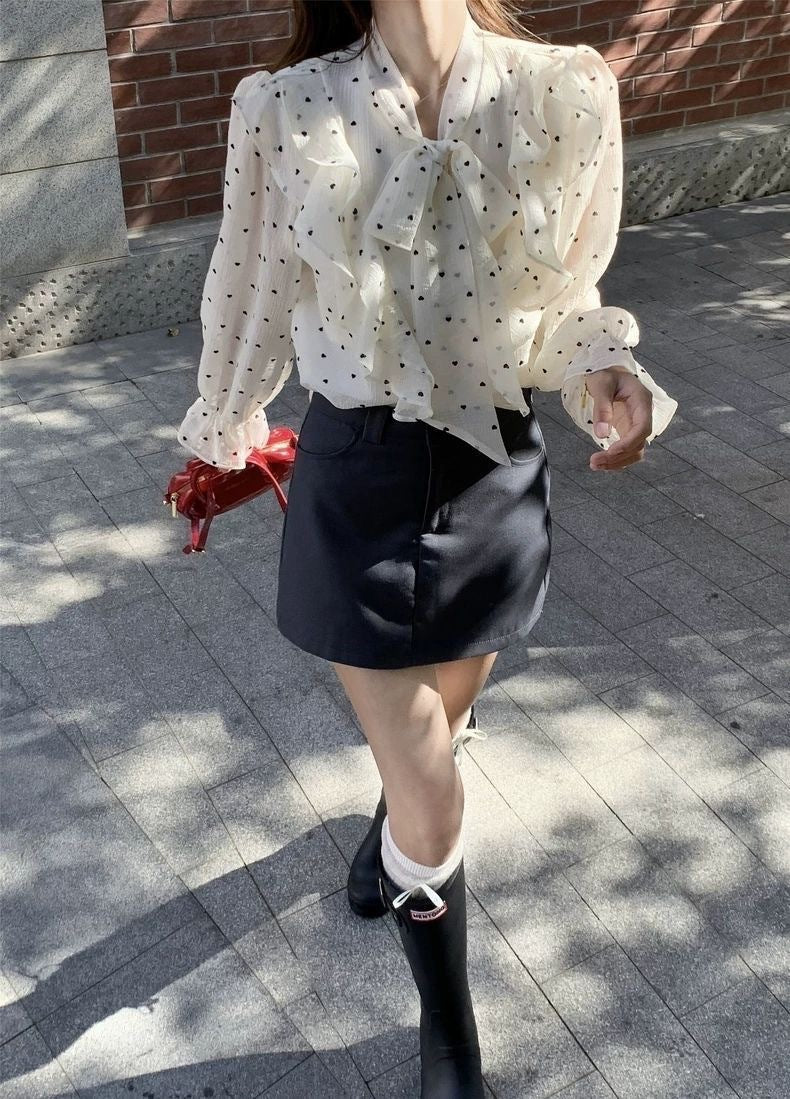 French high-end ruffled polka dot shirt