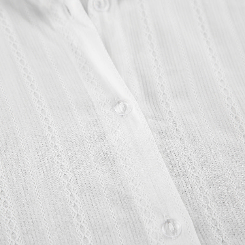 French Raglan Jacquard Trumpet Sleeve Lapel Tie Blouse