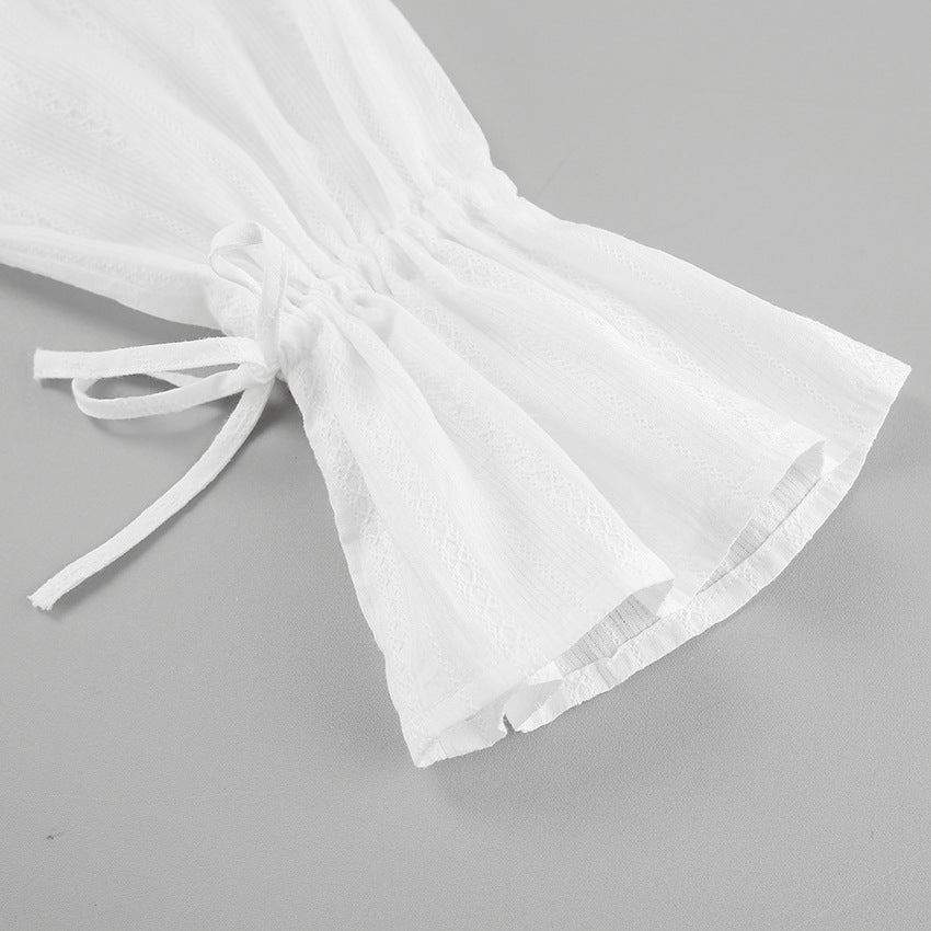 French Raglan Jacquard Trumpet Sleeve Lapel Tie Blouse