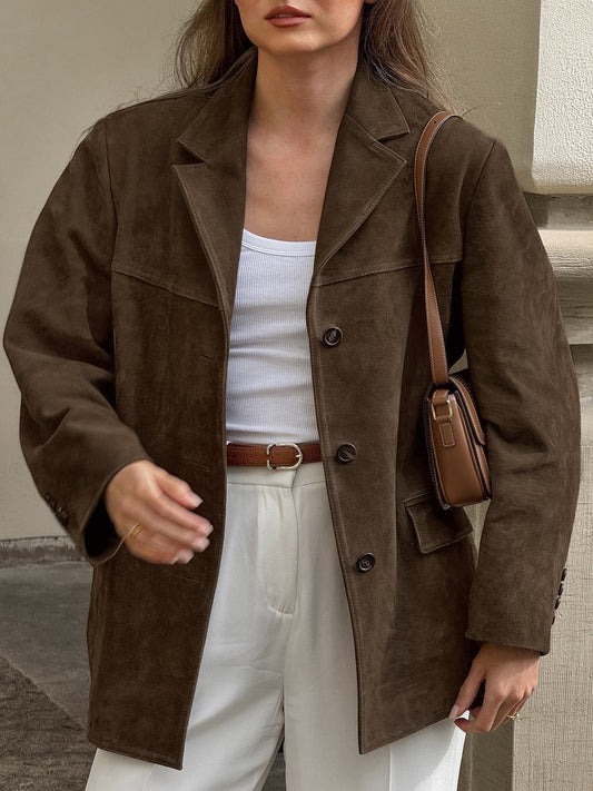 Brown frosted suede retro collar loose suede jacket