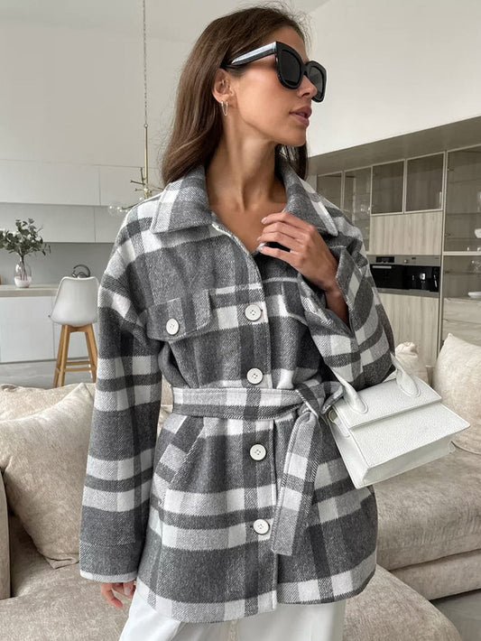 New autumn and winter plaid loose lapel tie woolen coat