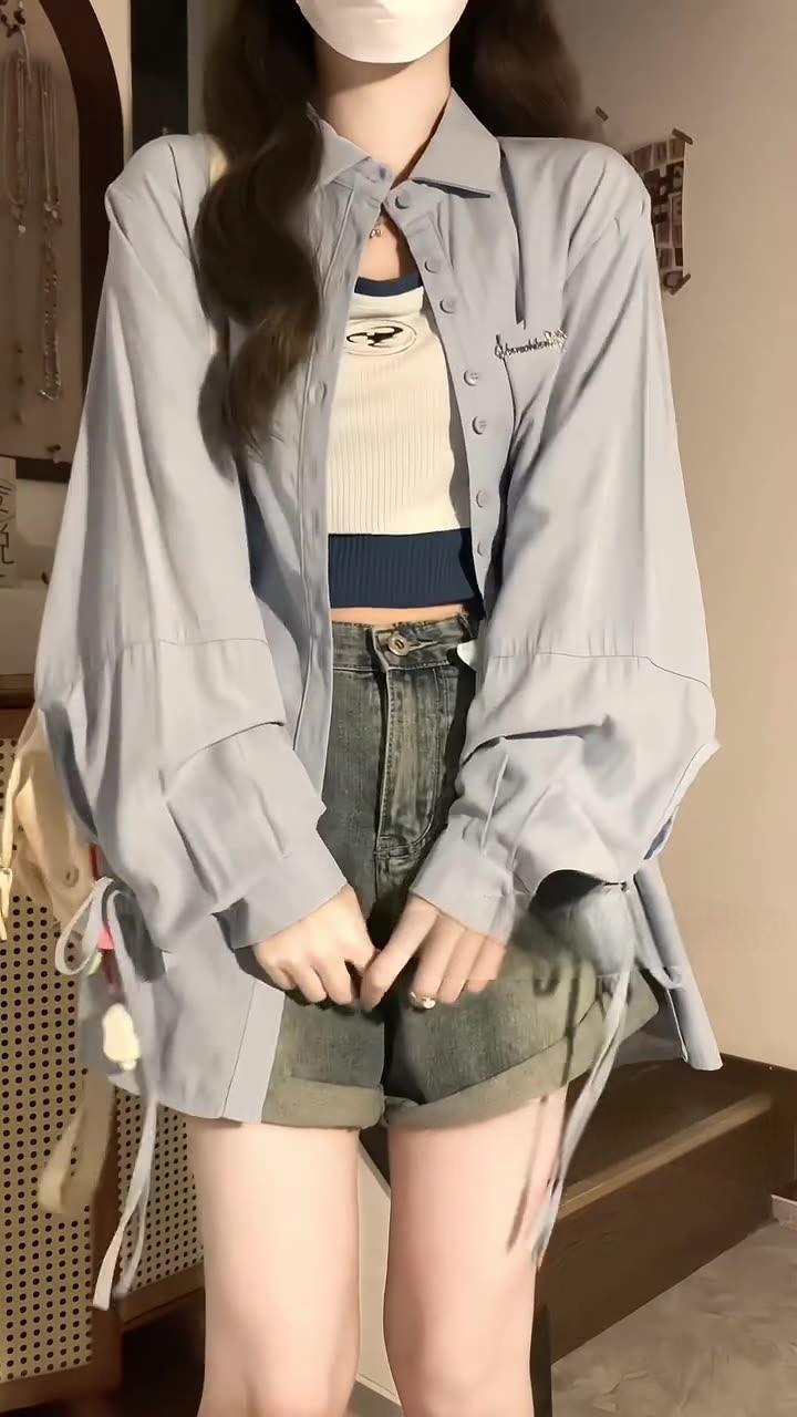 Designed tie long-sleeved sun-protective shirt