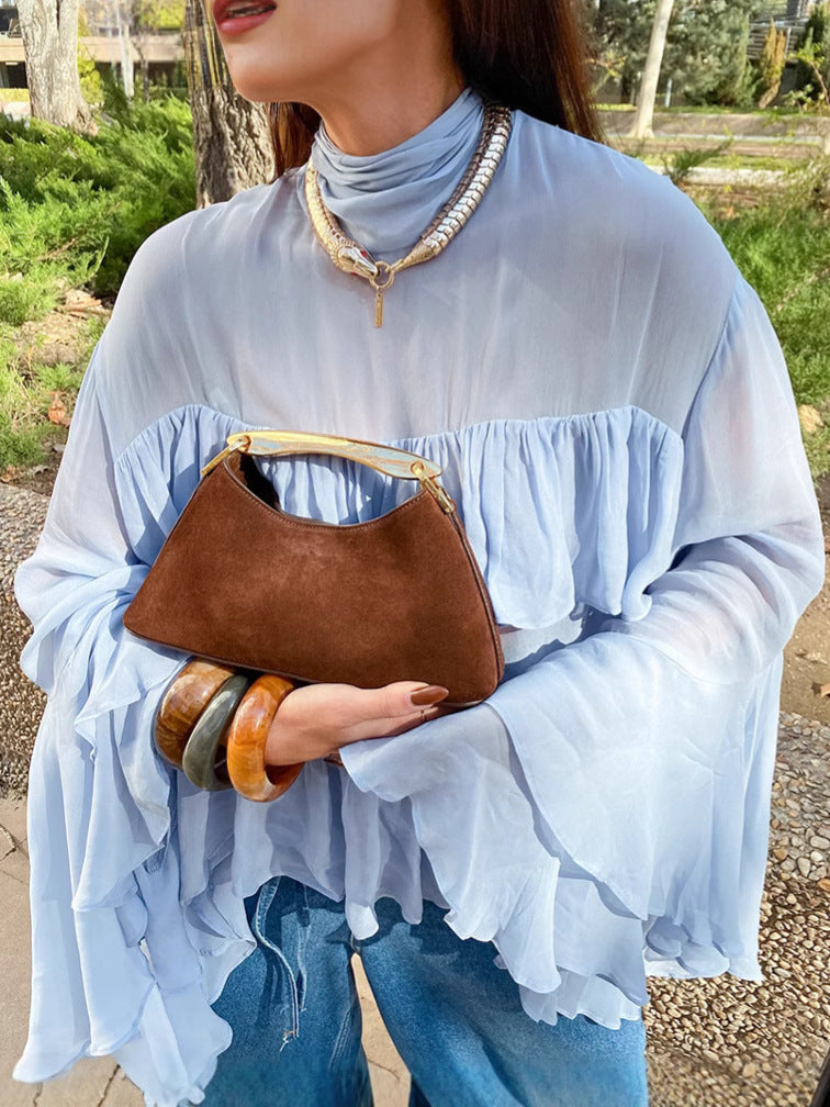 Blue high collar temperament trumpet sleeve ruffled ladies shirt