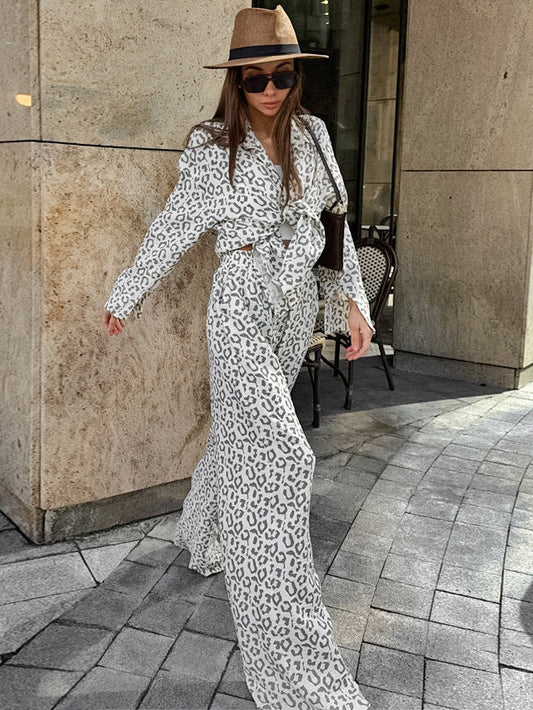 New cotton and linen crepe leopard print high waist leisure suit