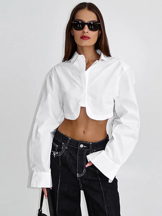 White lapel sexy belly button-down long sleeve shirt