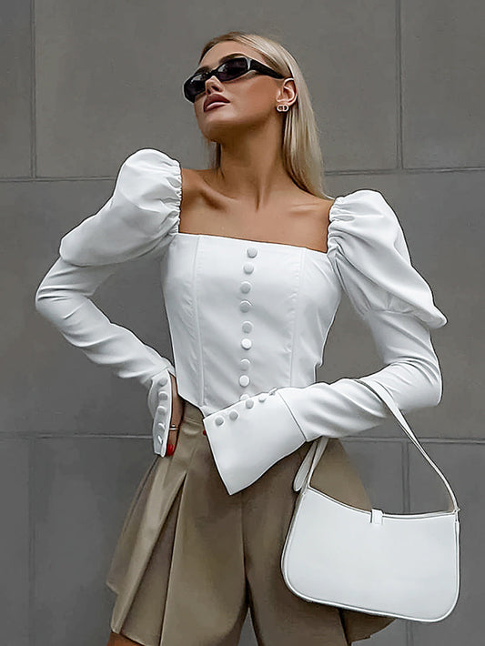 Fashionable square collar top, elegant short puff sleeve shirt