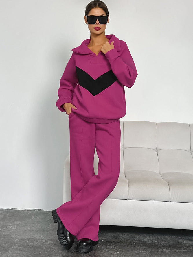 New autumn and winter velvet sweatshirt contrast color lapel loose casual suit