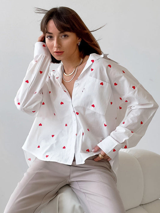 Heart Print Cotton and Linen Lapel Blouse