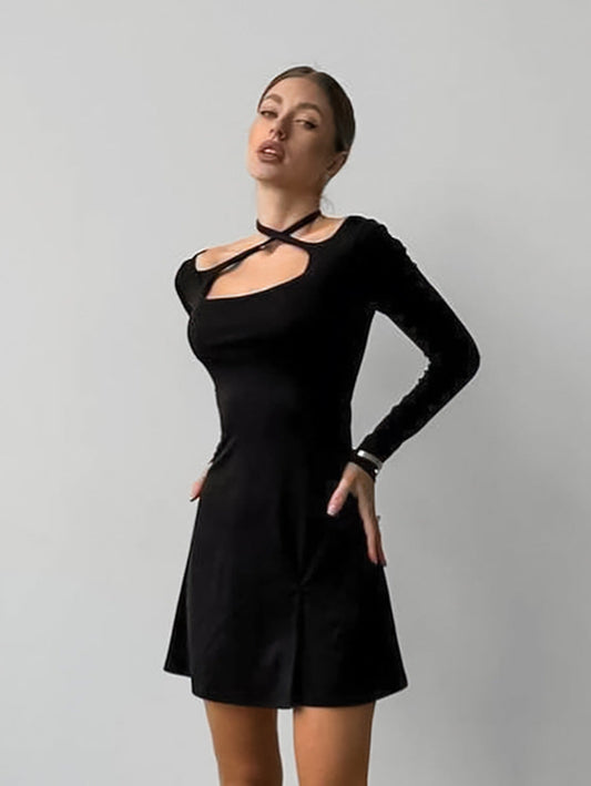 Autumn and winter black sexy slim fit knitted square neck design lace-up dress