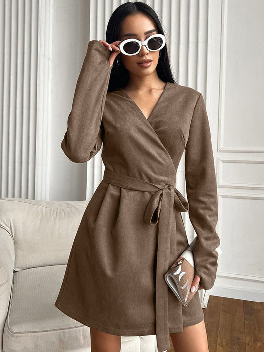 Maillard suede new long-sleeved lace-up dress