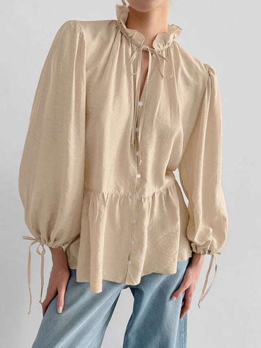 French crinkle loose small stand collar puff sleeve women's shirt