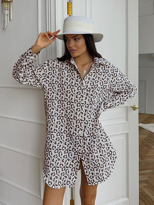 Leopard print long-sleeved shirt with tie waist