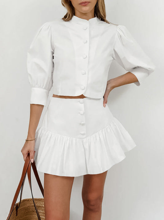 Cotton and linen white small stand-up collar short skirt two-piece suit