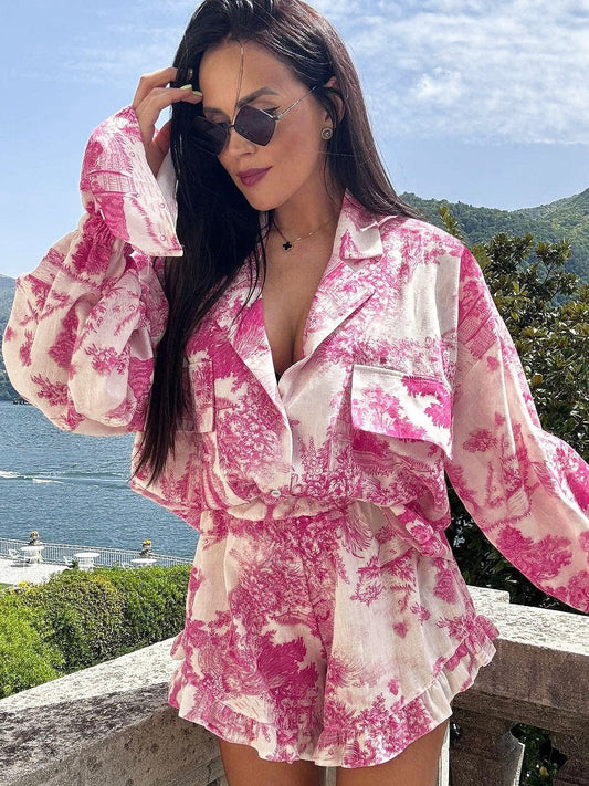 New Chinese style printed ruffled casual suit