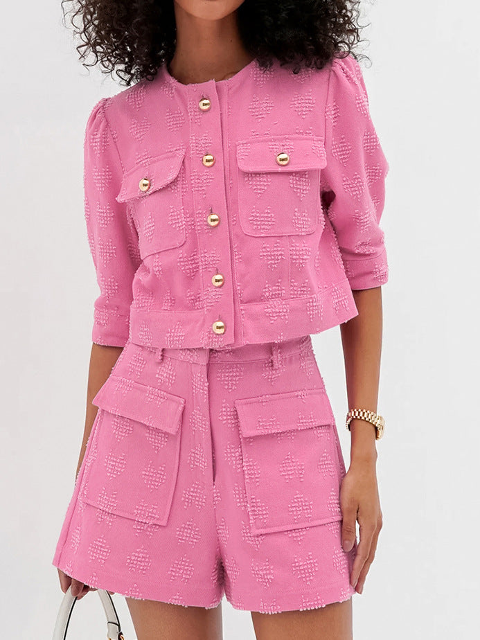 French light luxury embossed jacquard pure cotton puff sleeve leisure suit