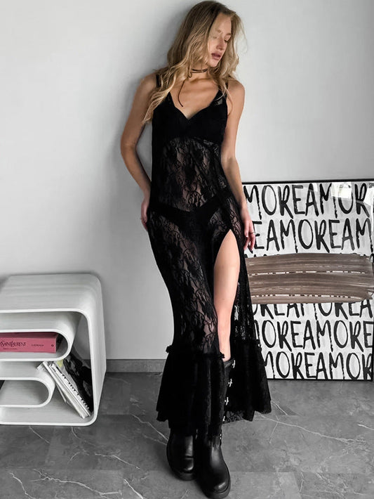 European and American sexy black lace suspender long dress
