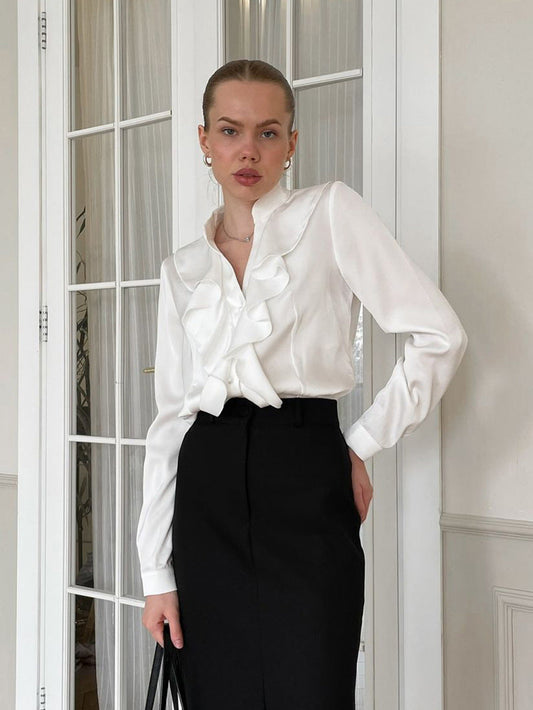 Fashionable and elegant satin long-sleeved small stand-up collar classic shirt