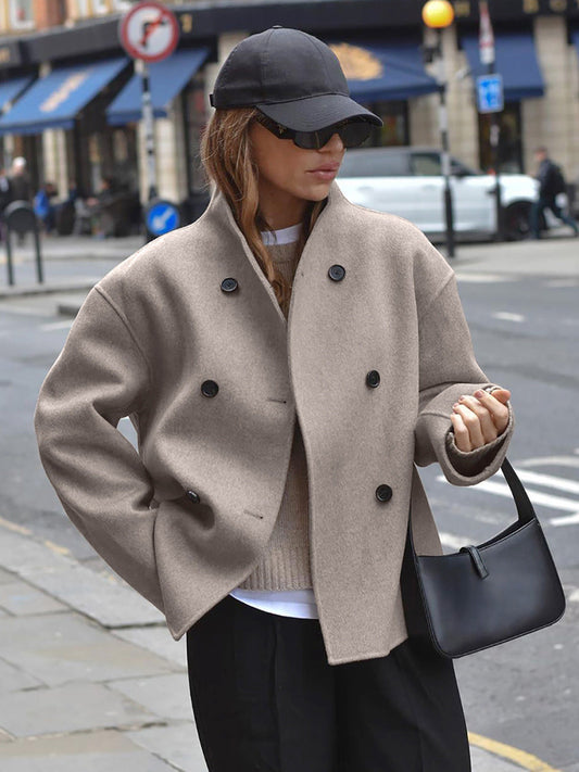 Brown French V-neck double-breasted woolen jacket