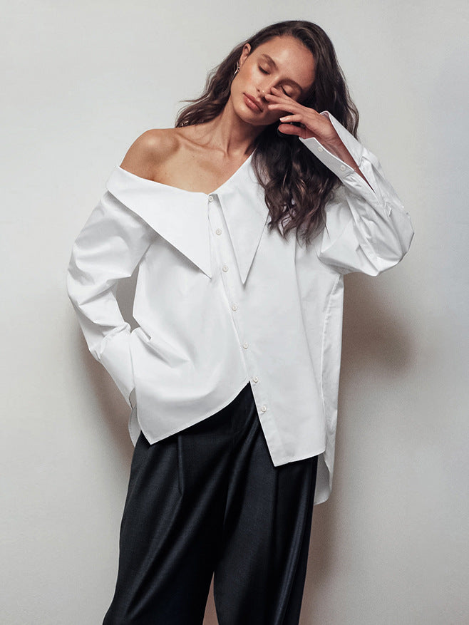 White Irregular Neck Sexy Off-the-shoulder Blouse