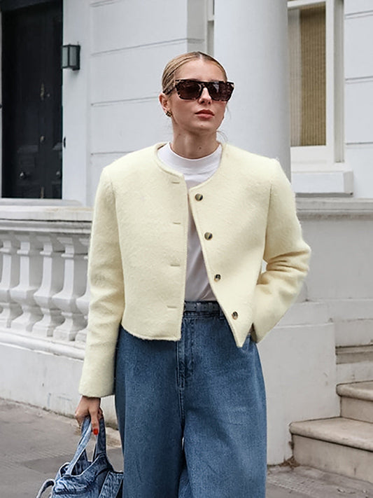 Autumn temperament three-dimensional slim niche apricot woolen round neck commuter long sleeves