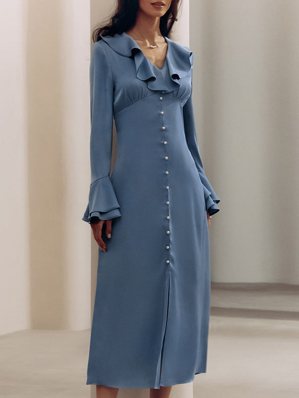 V-neck flared sleeve high waist ruffle dress