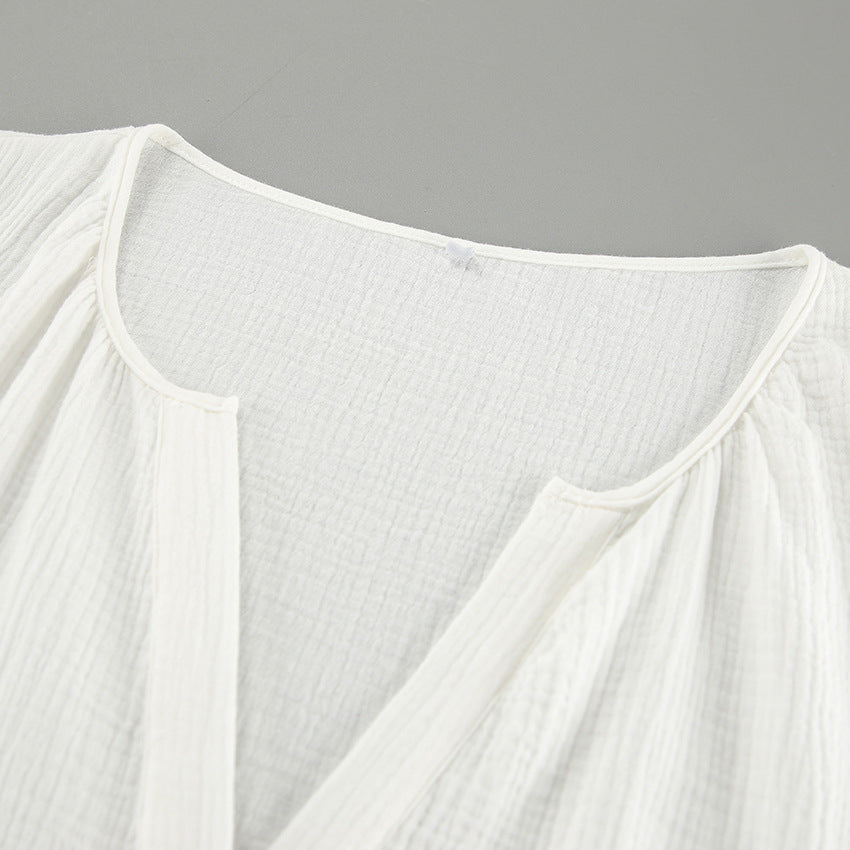 French balloon sleeve loose casual cotton crepe shirt