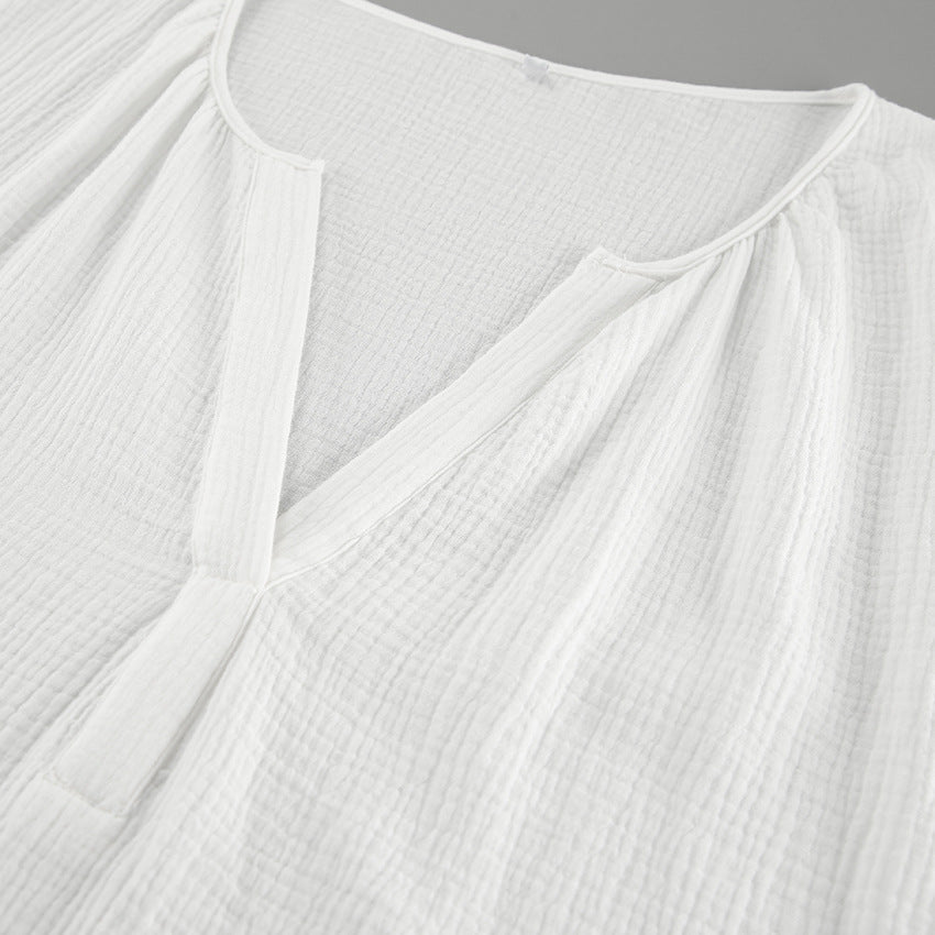 French balloon sleeve loose casual cotton crepe shirt