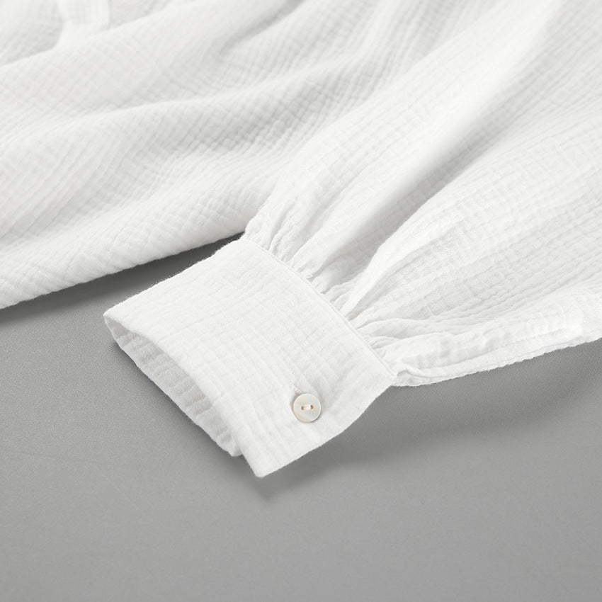 French balloon sleeve loose casual cotton crepe shirt