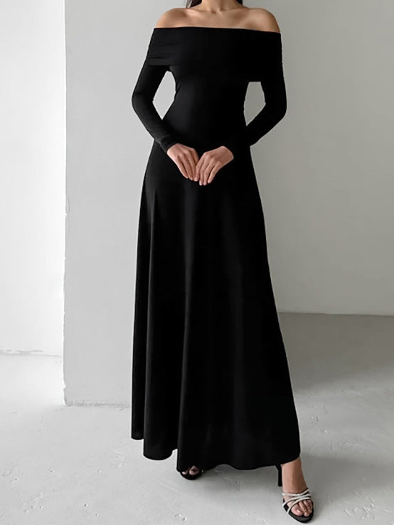 French brushed knitted boat neckline slim high waist pullover dress