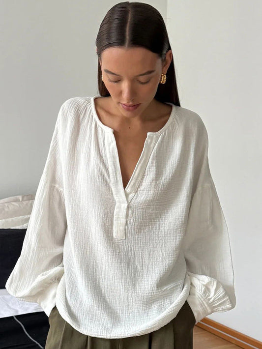 French balloon sleeve loose casual cotton crepe shirt