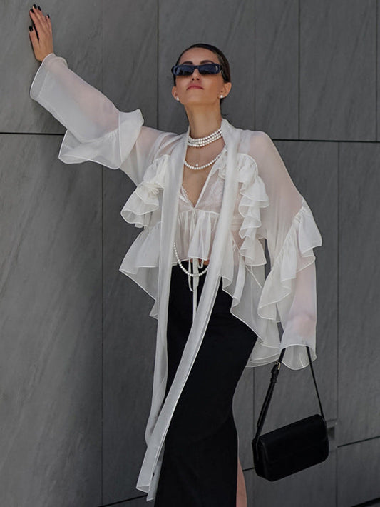 French spring and summer new style ruffled ribbon Tencel shirt