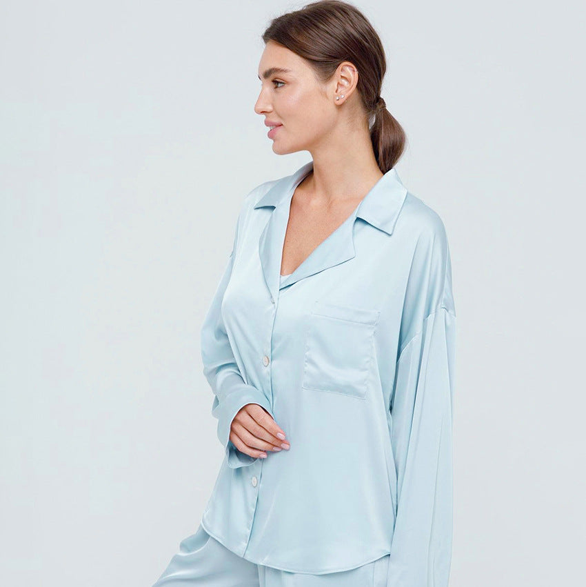 Satin home wear solid color trousers pajamas two-piece set