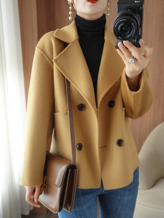 Double-faced cashmere coat for women short double-breasted suit collar 100% pure wool coat