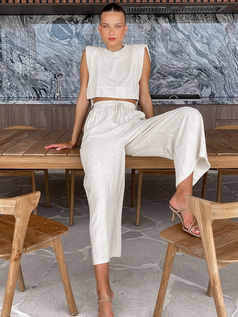 New style shoulder pad sleeveless top and trousers two-piece suit