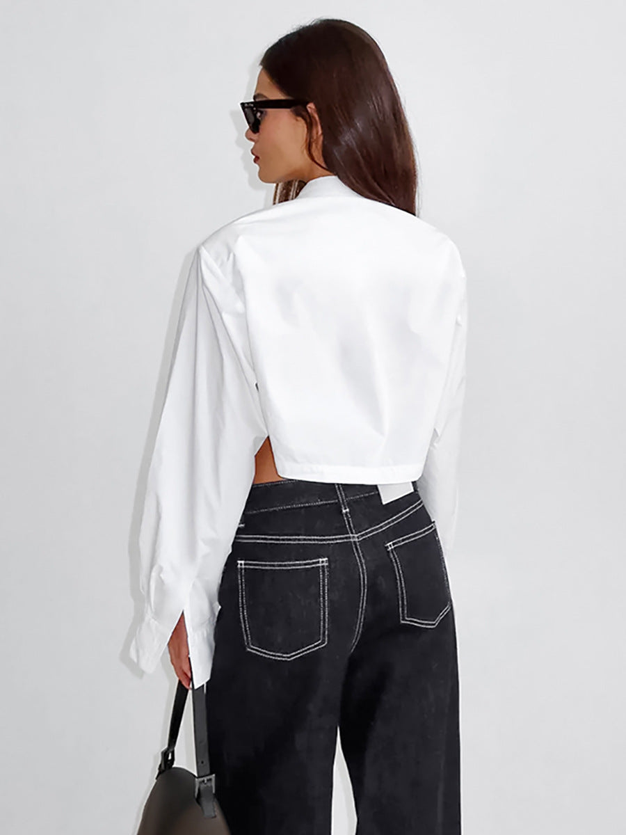 White lapel sexy belly button-down long sleeve shirt