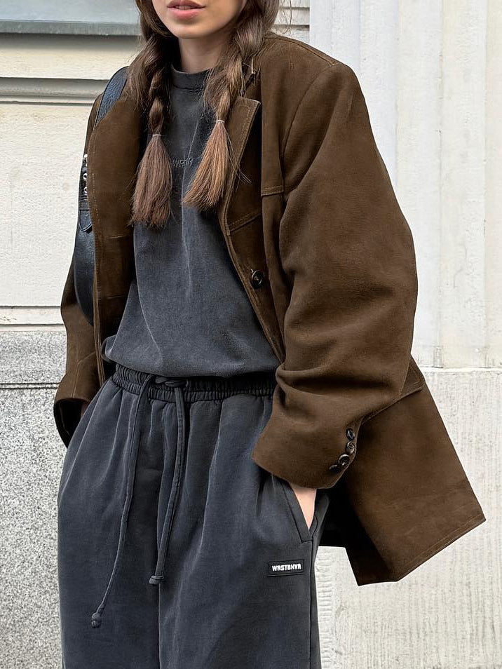 Brown frosted suede retro collar loose suede jacket