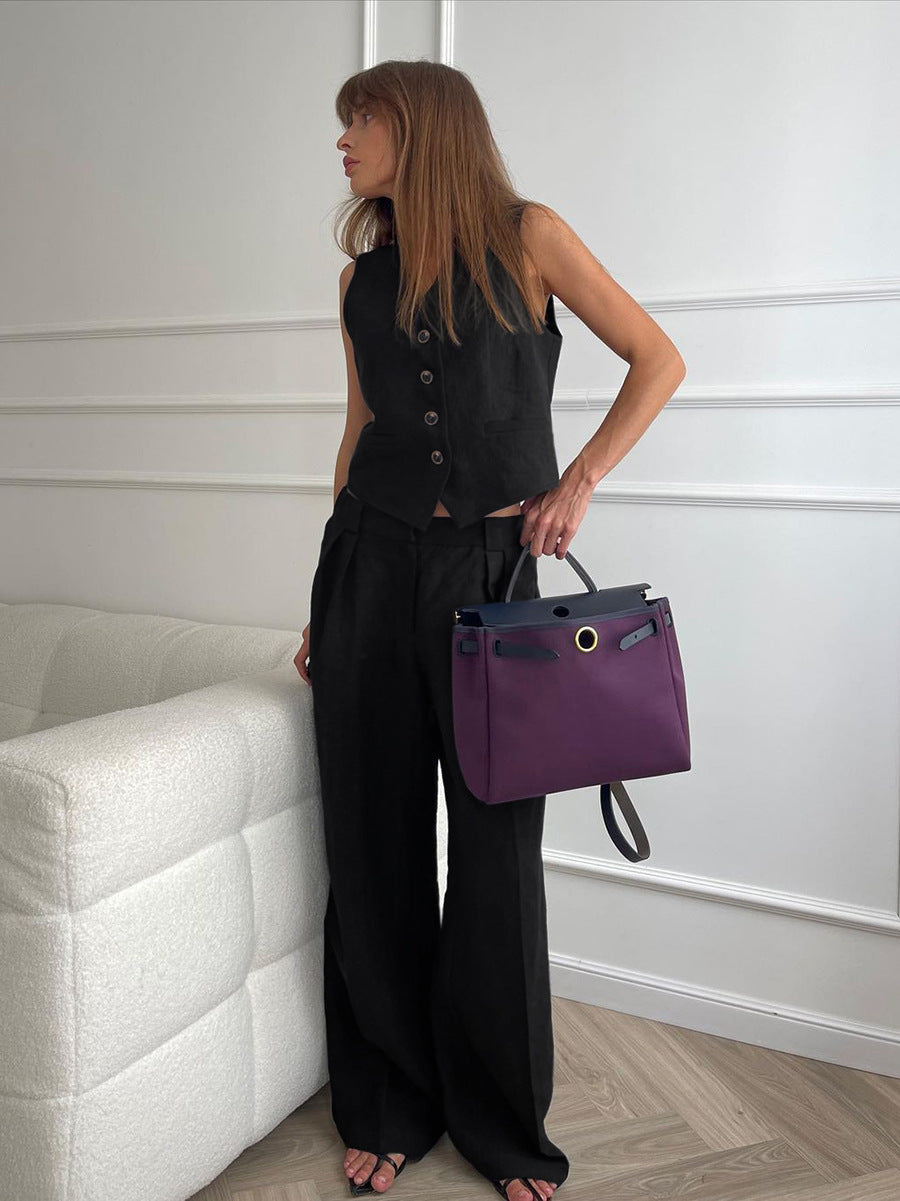 Cotton and Linen Commuter V-Neck Vest Trousers Two-Piece Set