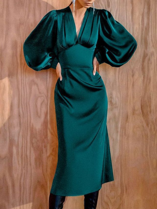 Spring French fishtail high-grade satin lantern sleeve red dress