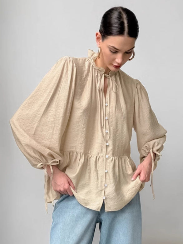 French crinkle loose small stand collar puff sleeve women's shirt