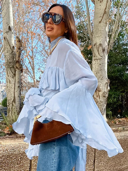 Blue high collar temperament trumpet sleeve ruffled ladies shirt