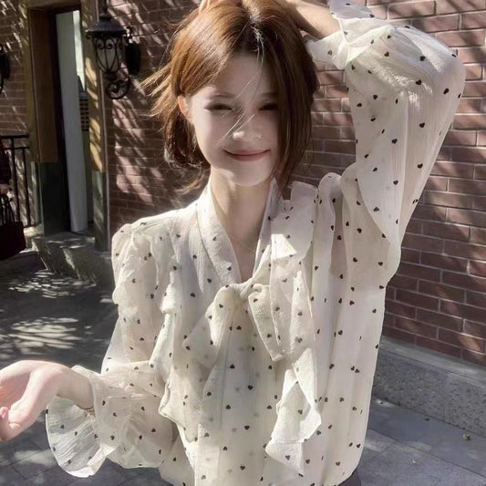 French high-end ruffled polka dot shirt