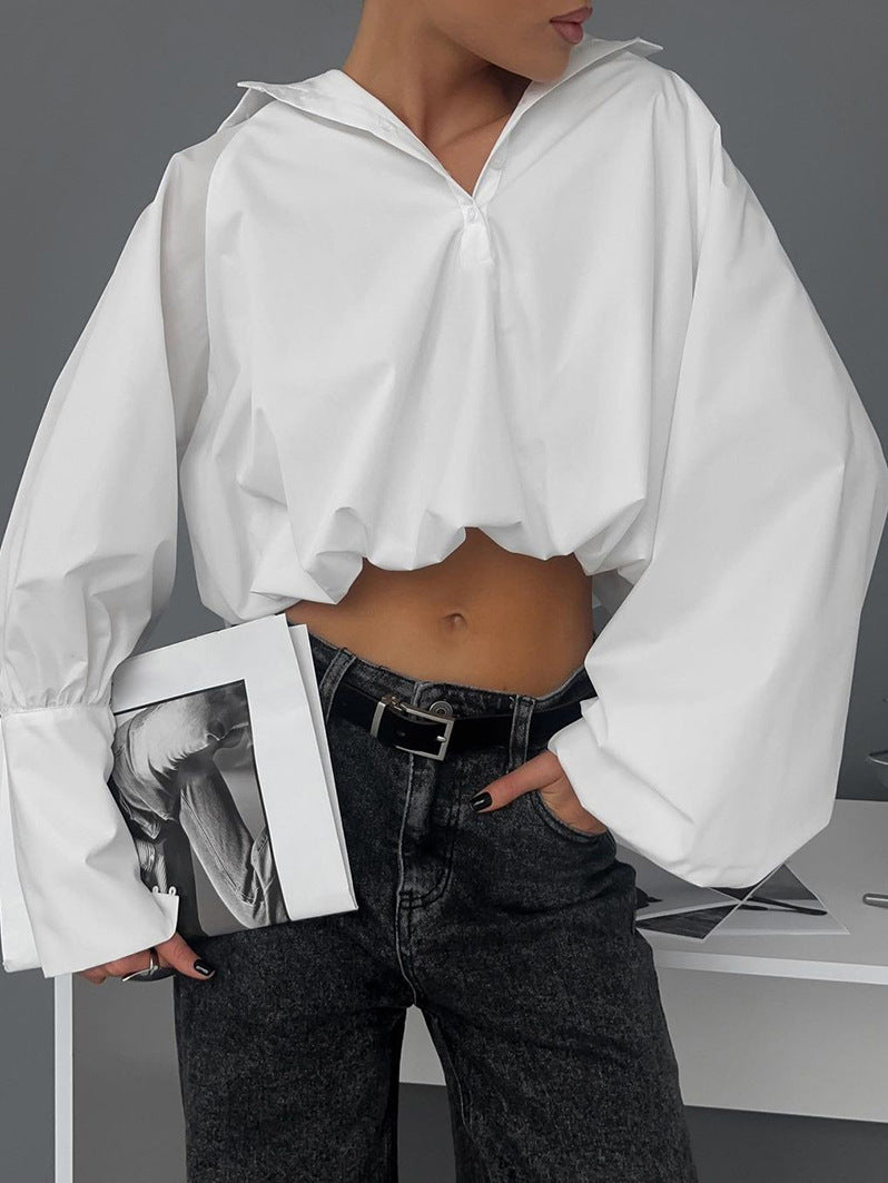 White lapel sexy navel-baring design asymmetric sleeve shirt