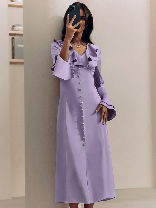 V-neck flared sleeve high waist ruffle dress