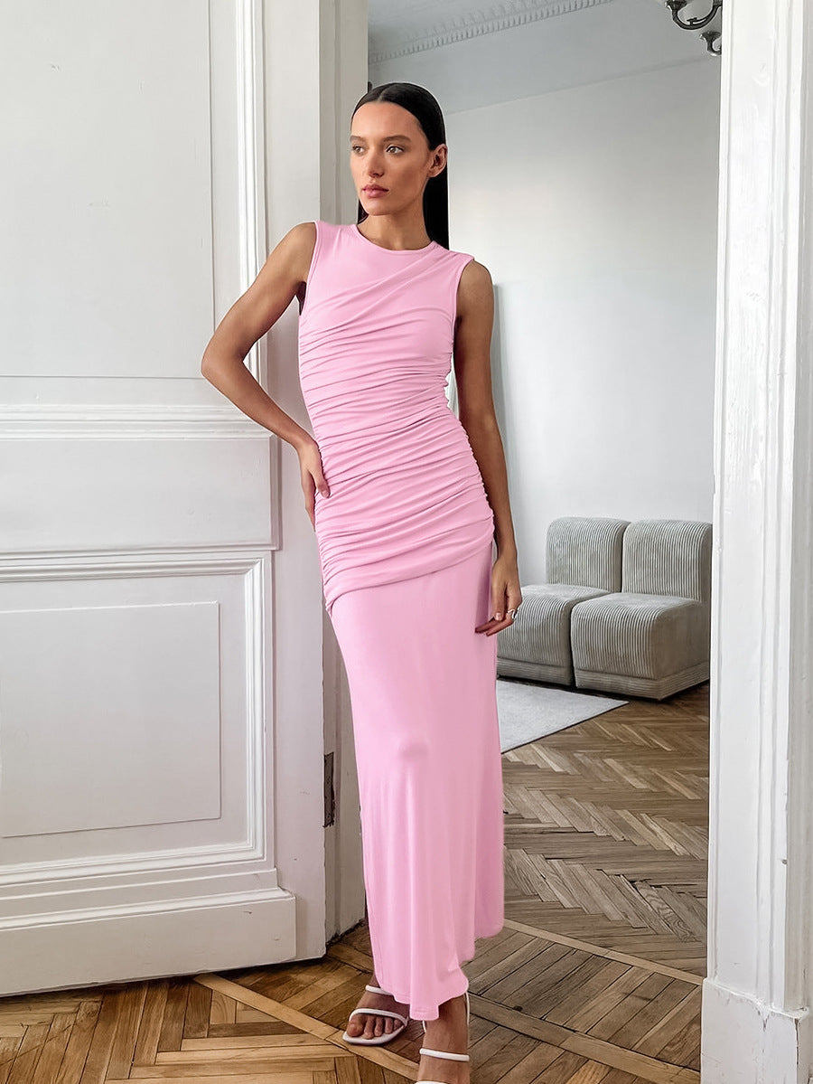 Autumn and winter knitted pink slim sleeveless round neck pleated dress