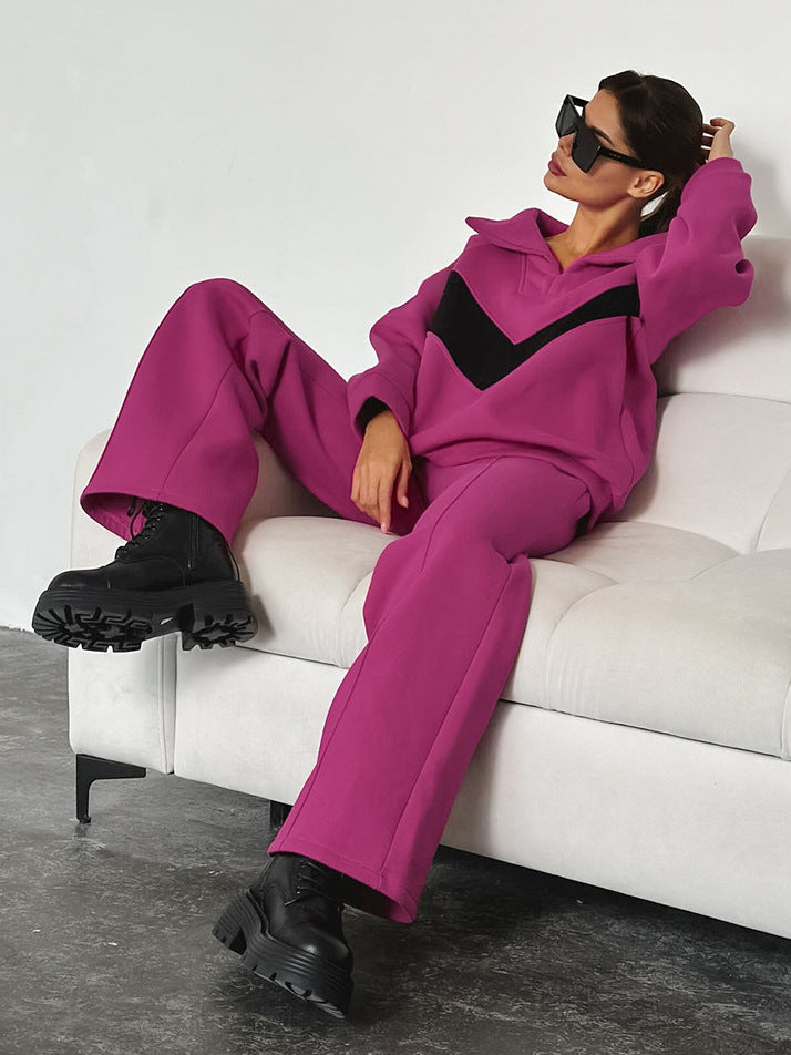 New autumn and winter velvet sweatshirt contrast color lapel loose casual suit