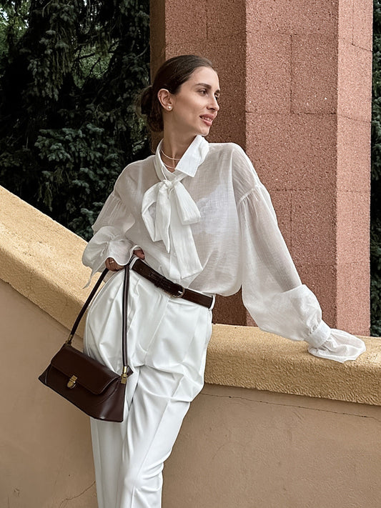 Spring and summer white shirt bow shirt top