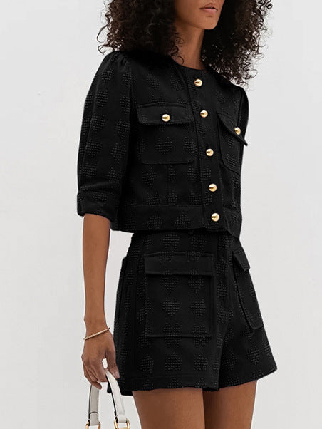 French light luxury embossed jacquard pure cotton puff sleeve leisure suit